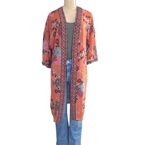 DR2 Floral Boho Kimono Duster Cardigan XS/S Rust Orange 3/4 Sleeve